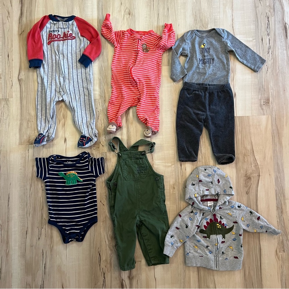 7 Piece Lot 6-9 Month Baby Boy Clothes Outfit Overalls Sweatshirt Dino Baseball